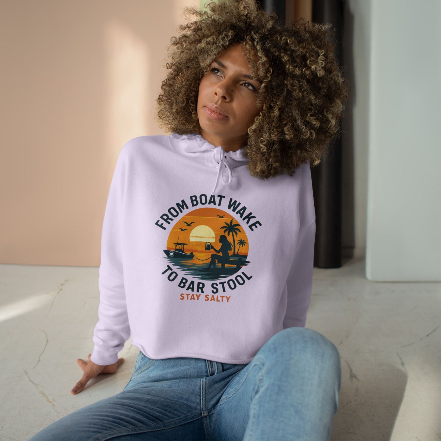 Women's Crop Hoodie - From Boat Wake to Bar Stool by Salty Kiss coastal apparel