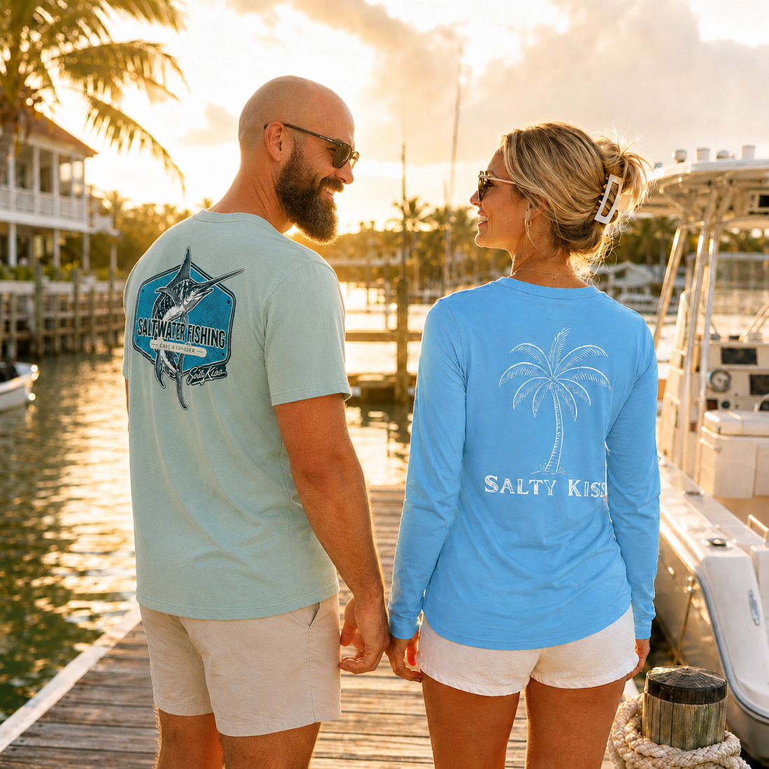 Man and woman wearing coastal fishing apparel on a Florida marina dock for beach, boat, and dock days.