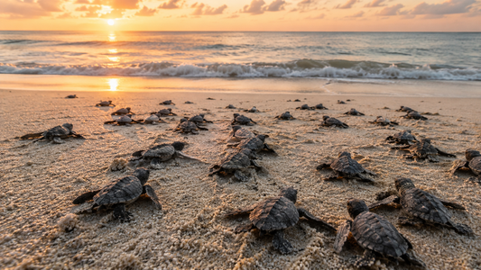 Baby sea turtles making their way across a Florida beach toward the ocean at sunrise during sea turtle nesting season.