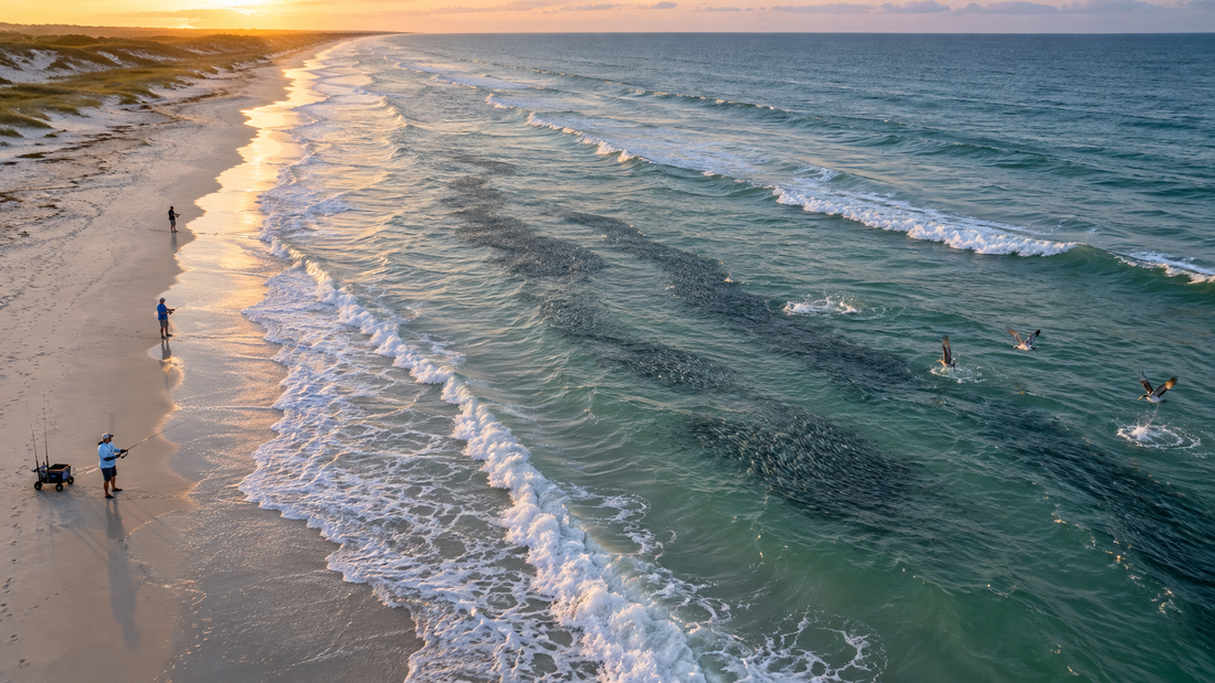 Aerial drone view of Florida’s fall mullet run with surf anglers and diving pelicans along the East Coast.