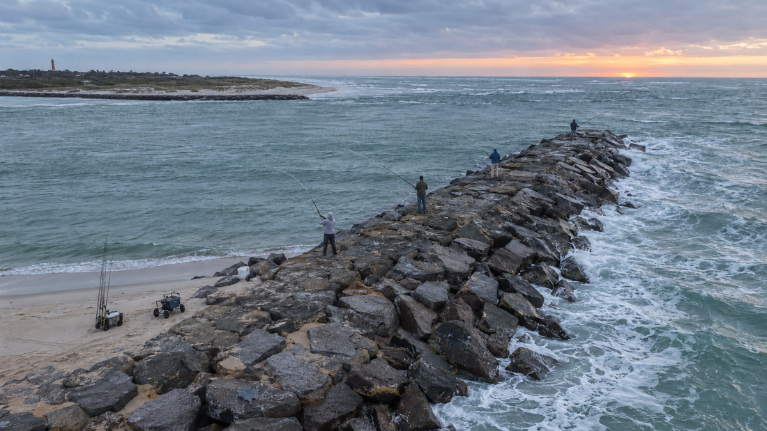 Aerial drone view of four anglers casting from a jetty on a cool, cloudy fall morning in Florida.