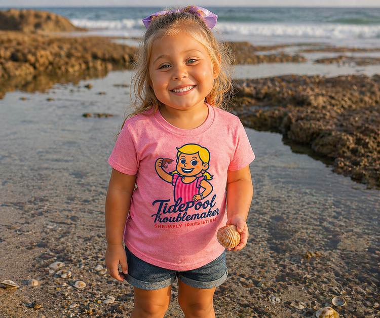 Toddler girl in a pink Tidepool Troublemaker beach shirt standing on a coastal shoreline with rocks and ocean waves