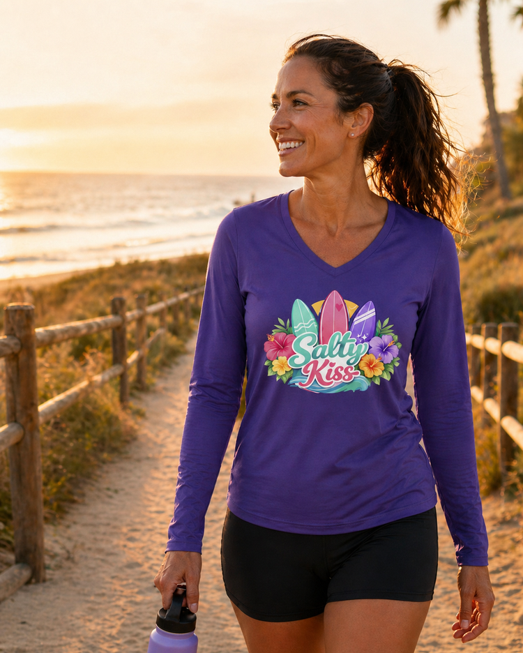 Women's performance. Salty kiss, beach living, coastal apparel, ocean vibes