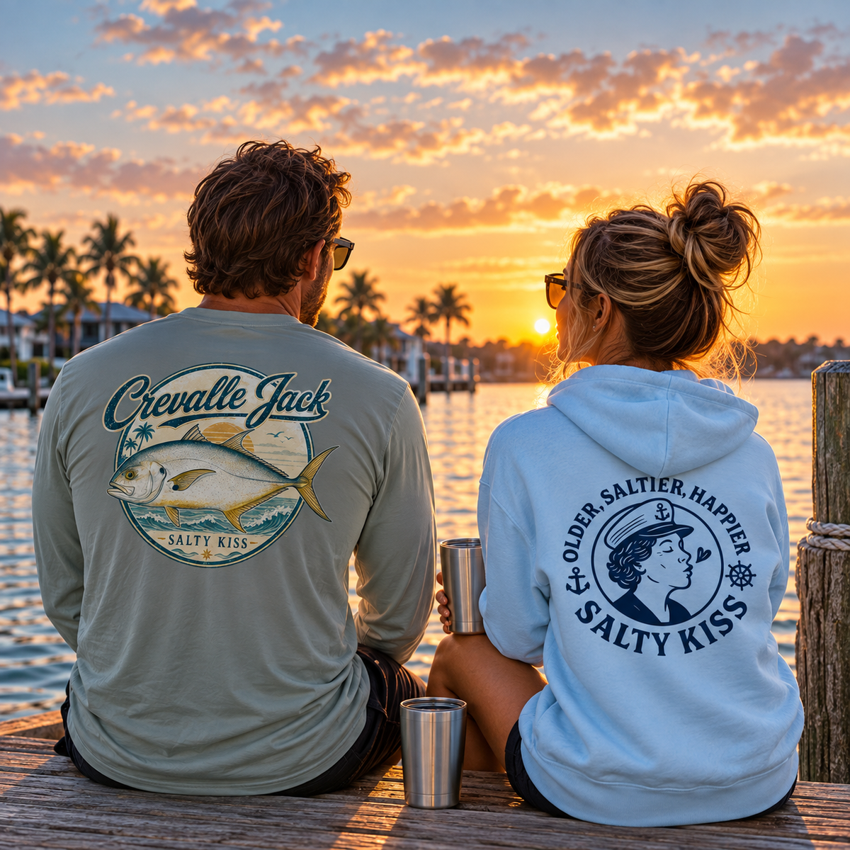 Man in a Crevalle Jack performance shirt and woman in a light blue Salty Kiss hoodie standing by the water at sunset in a coastal marina.