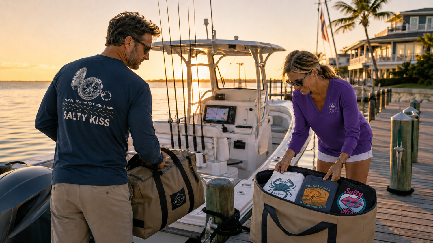 Couple wearing Salty Kiss coastal apparel while packing bags and hats for a fishing boat trip.