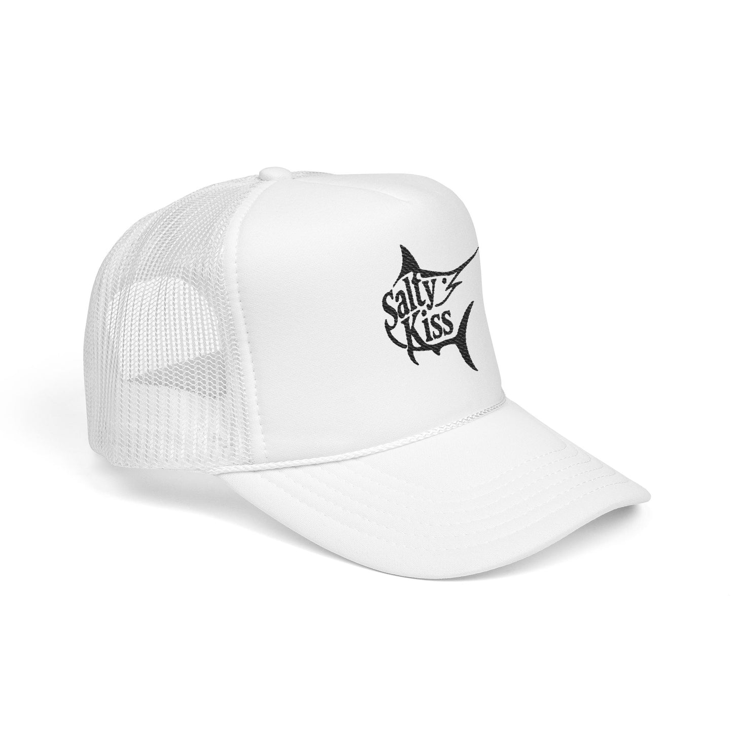 "Salty Kiss" Billfish Embroidered Trucker Hat - black logo