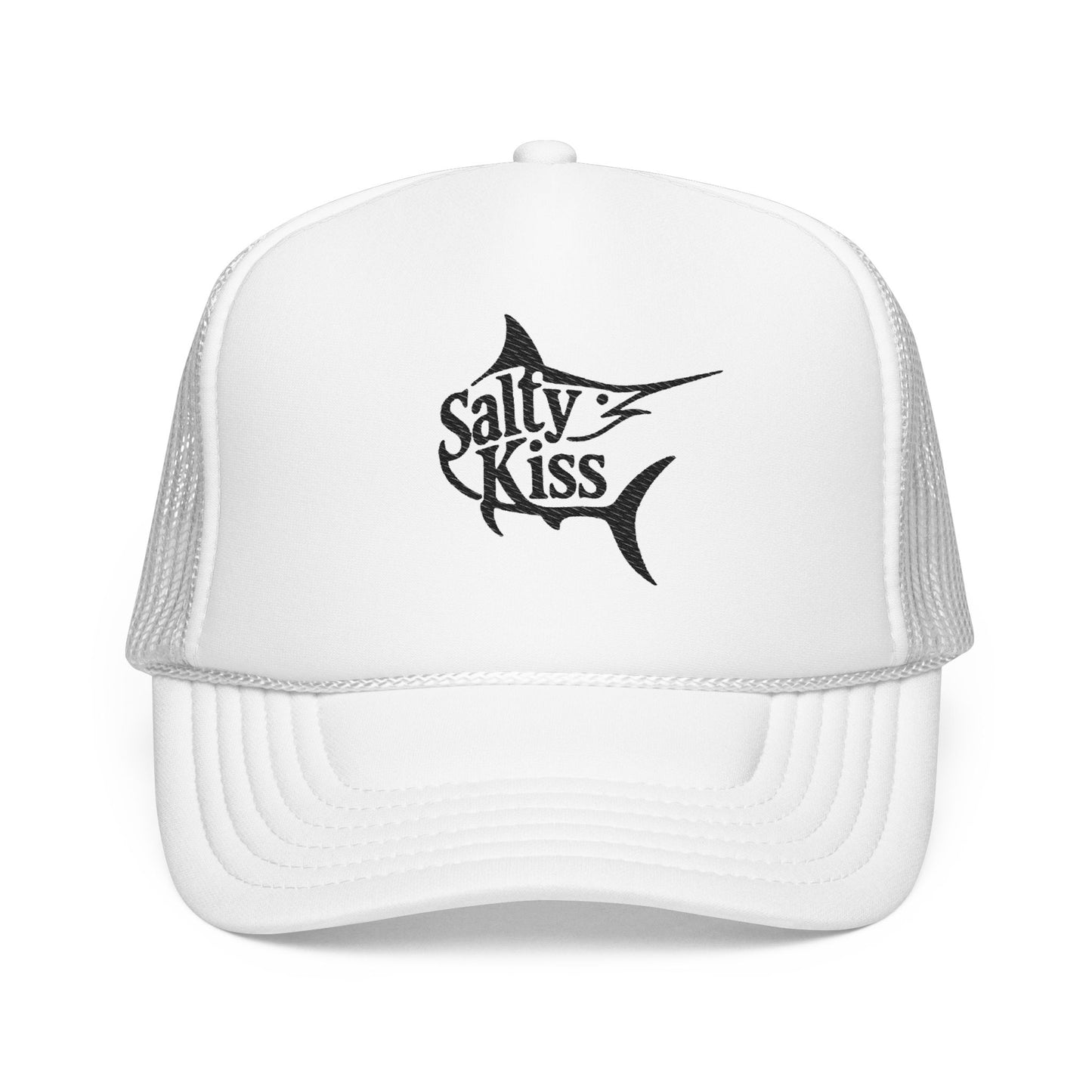 "Salty Kiss" Billfish Embroidered Trucker Hat - black logo