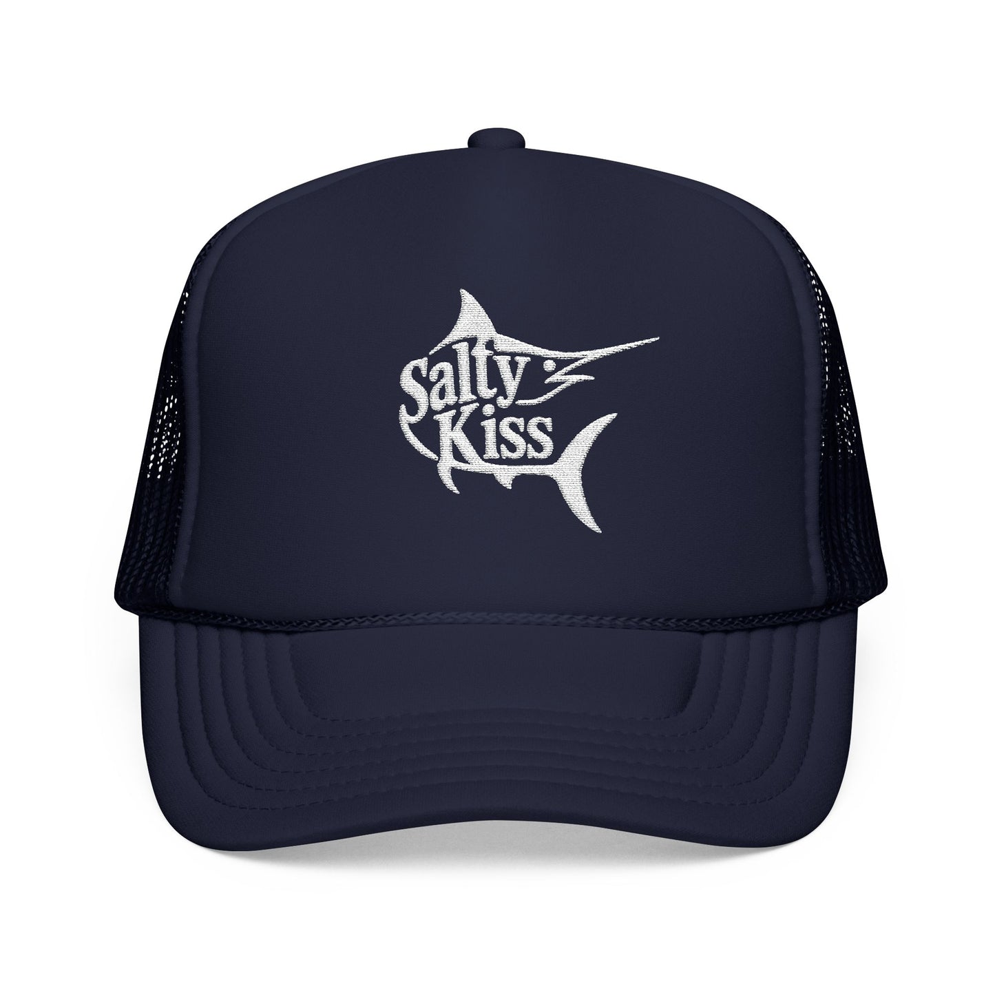 "Salty Kiss" Billfish Embroidered Trucker Hat - white logo