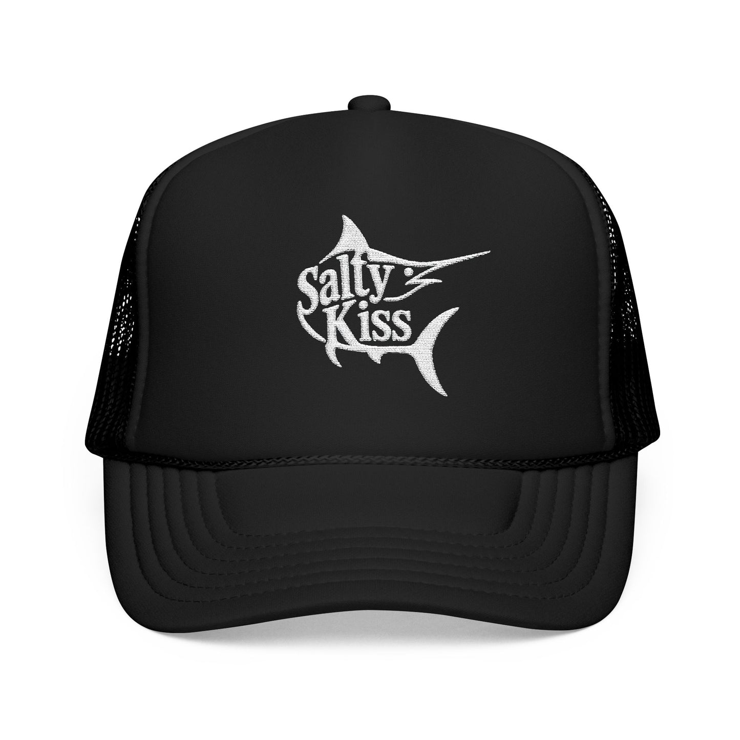 "Salty Kiss" Billfish Embroidered Trucker Hat - white logo