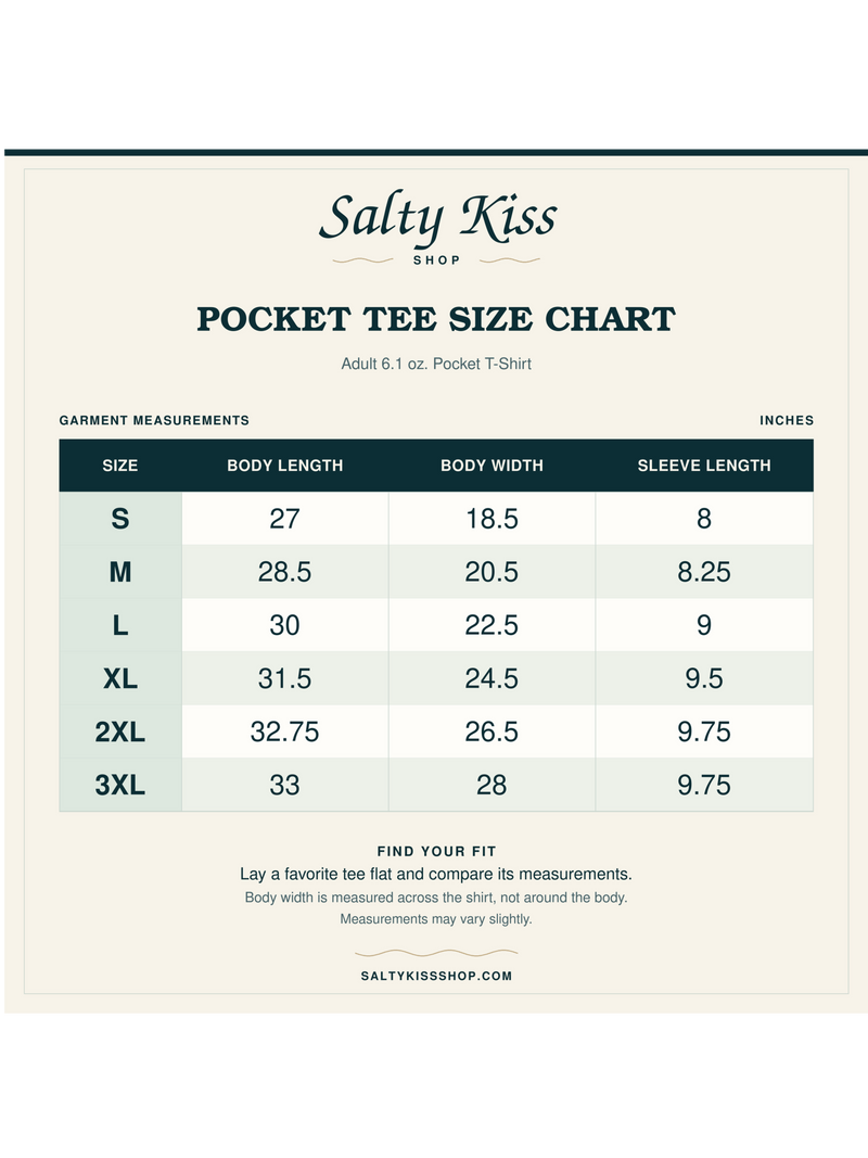 Men's Fishing Pocket Tee - Chasing What Pulls Back - Redfish black logo size chart