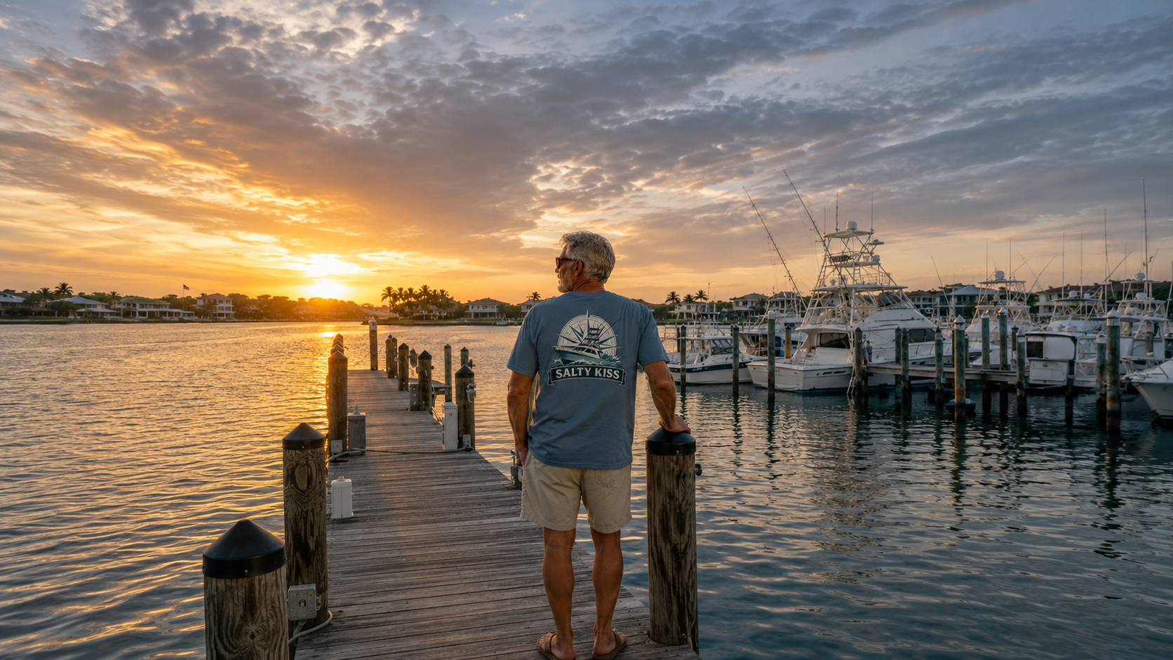 Older man wearing a Salty Kiss coastal shirt standing on a marina dock at sunset with fishing boats and waterfront homes in the background.
