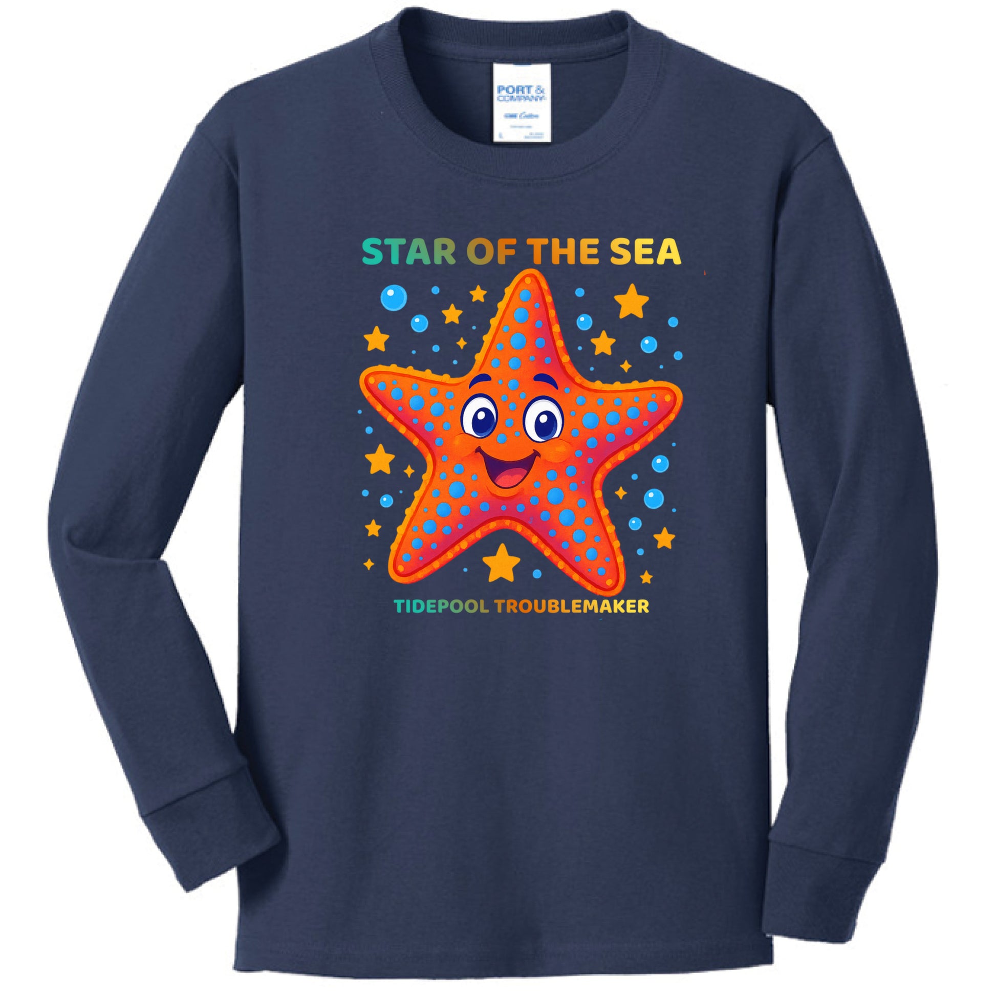 Navy - FRONT Bright children's graphic shirt featuring cartoon characters in vivid colors