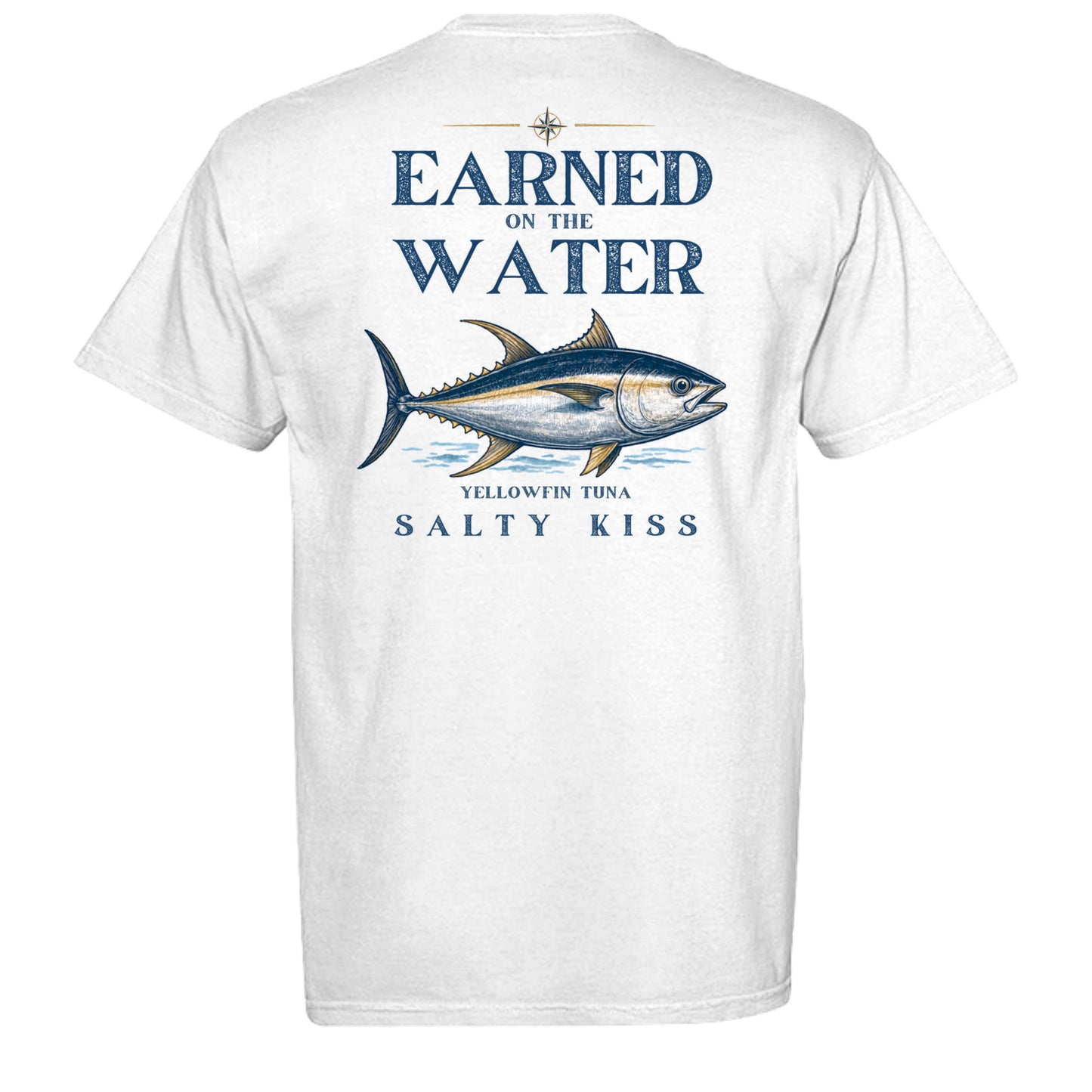 Men’s Fishing Tee – Earned on the Water Yellowfin Tuna by Salty Kiss coastal apparel