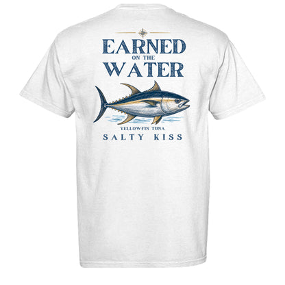 Men’s Fishing Tee – Earned on the Water Yellowfin Tuna by Salty Kiss coastal apparel