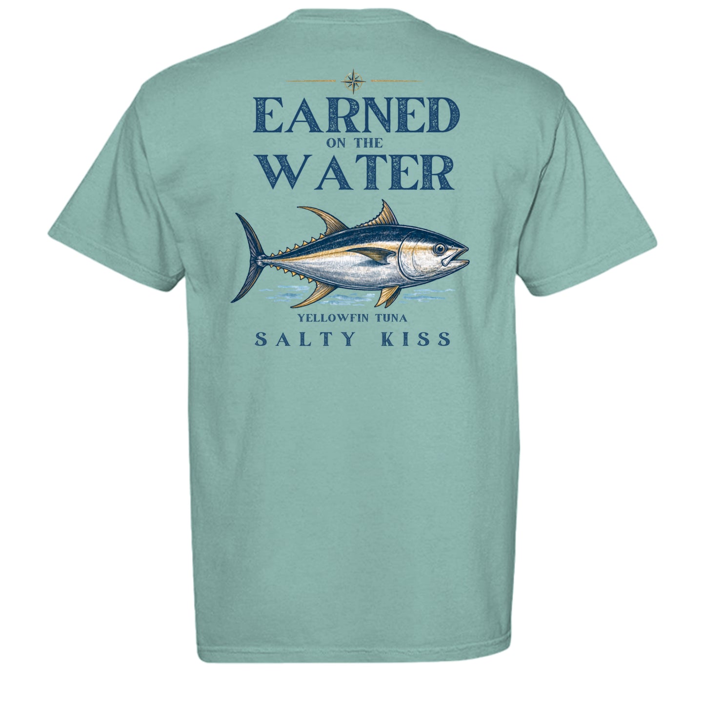 Men’s Fishing Tee – Earned on the Water Yellowfin Tuna by Salty Kiss coastal apparel