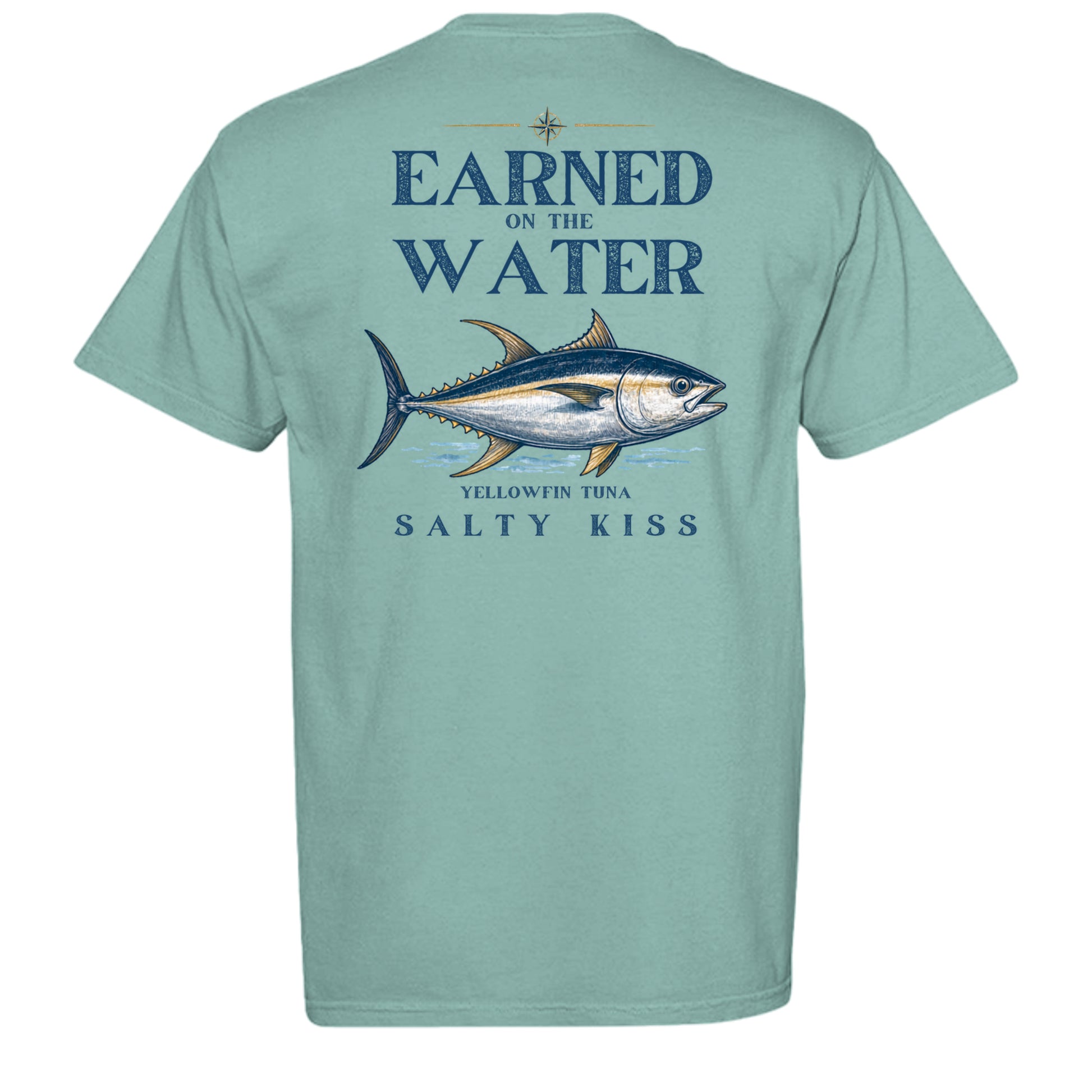 Men’s Fishing Tee – Earned on the Water Yellowfin Tuna by Salty Kiss coastal apparel