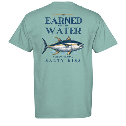 Men’s Fishing Tee – Earned on the Water Yellowfin Tuna by Salty Kiss coastal apparel
