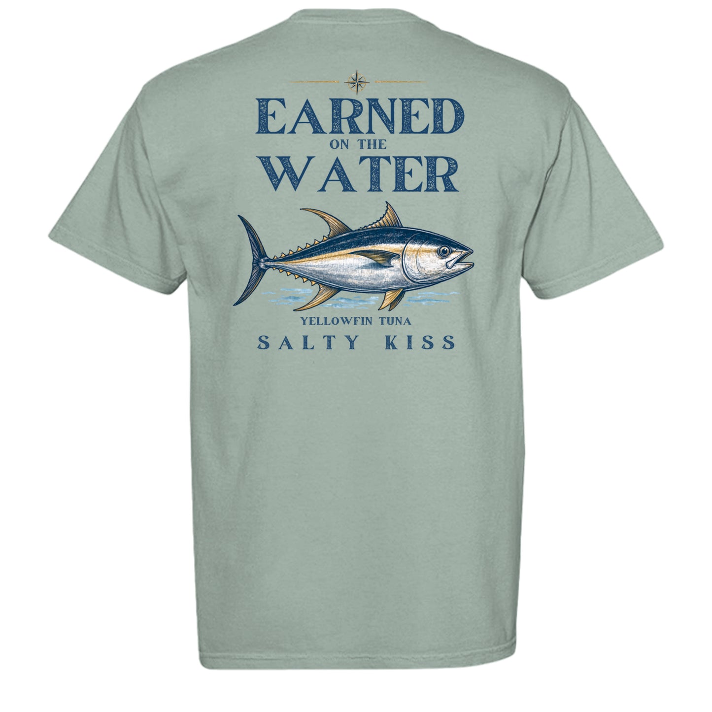 Men’s Fishing Tee – Earned on the Water Yellowfin Tuna by Salty Kiss coastal apparel
