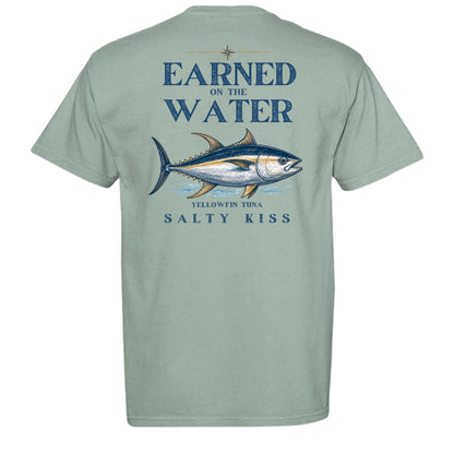 Men’s Fishing Tee – Earned on the Water Yellowfin Tuna by Salty Kiss coastal apparel