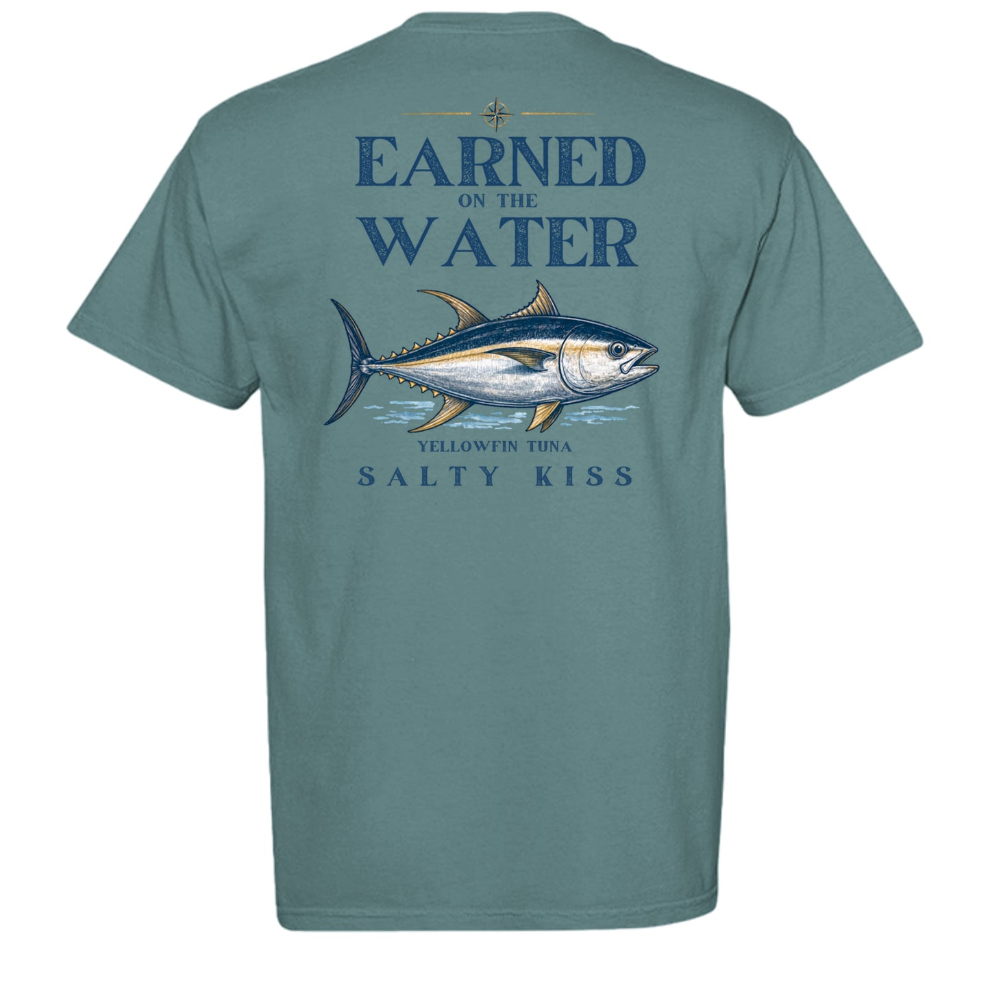Men’s Fishing Tee – Earned on the Water Yellowfin Tuna by Salty Kiss coastal apparel
