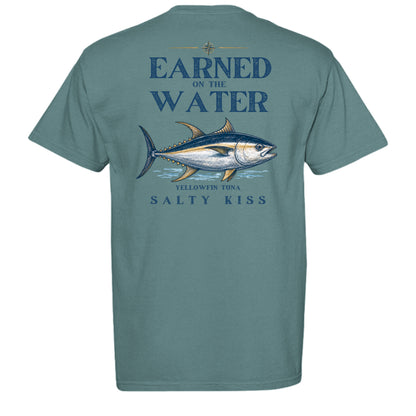 Men’s Fishing Tee – Earned on the Water Yellowfin Tuna by Salty Kiss coastal apparel