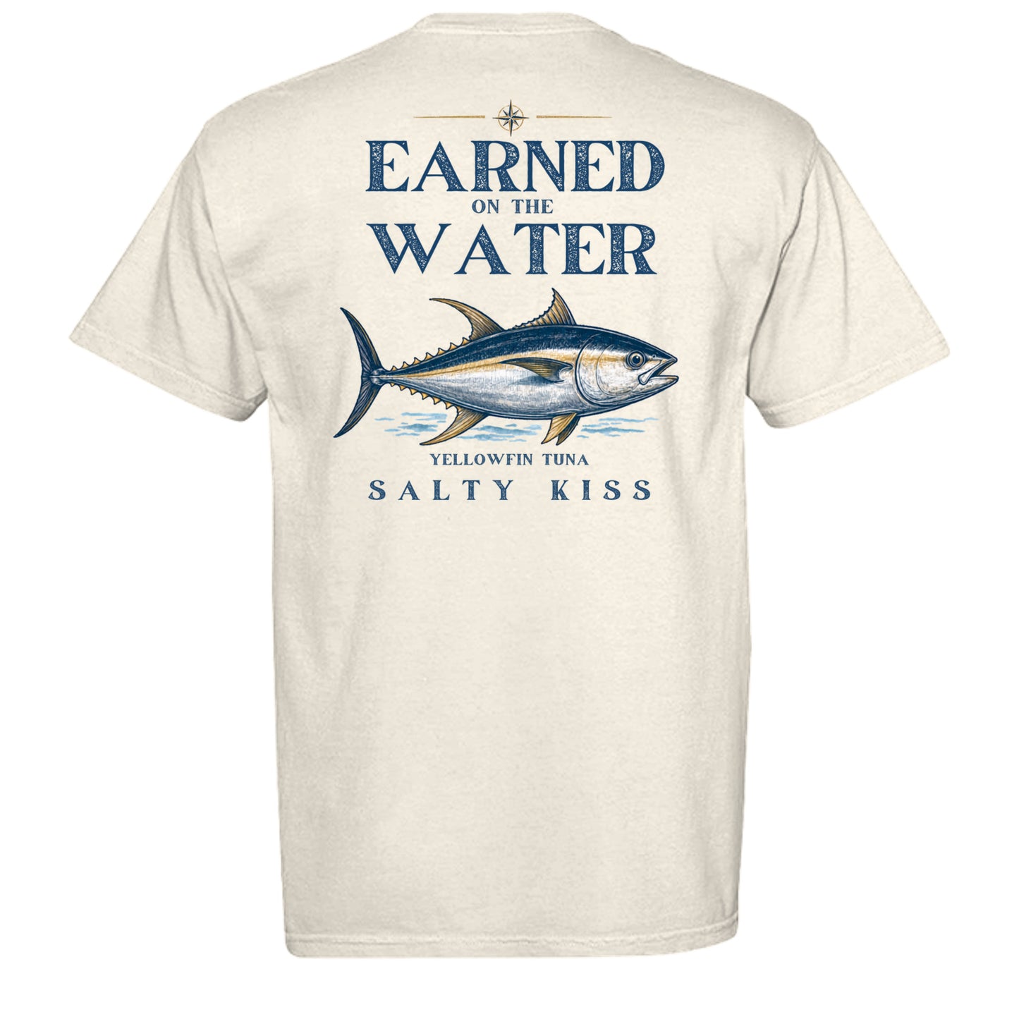 Men’s Fishing Tee – Earned on the Water Yellowfin Tuna by Salty Kiss coastal apparel