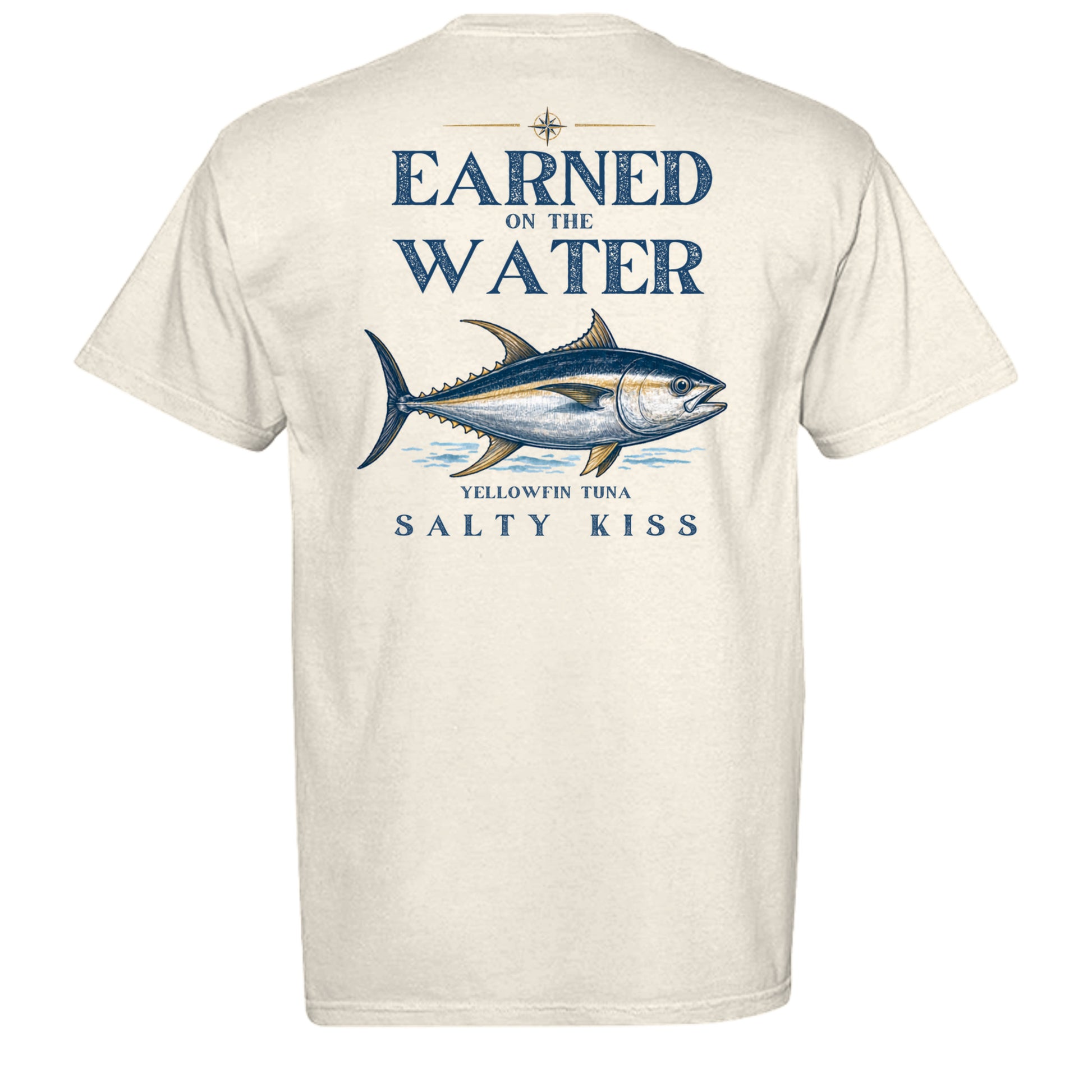 Men’s Fishing Tee – Earned on the Water Yellowfin Tuna by Salty Kiss coastal apparel