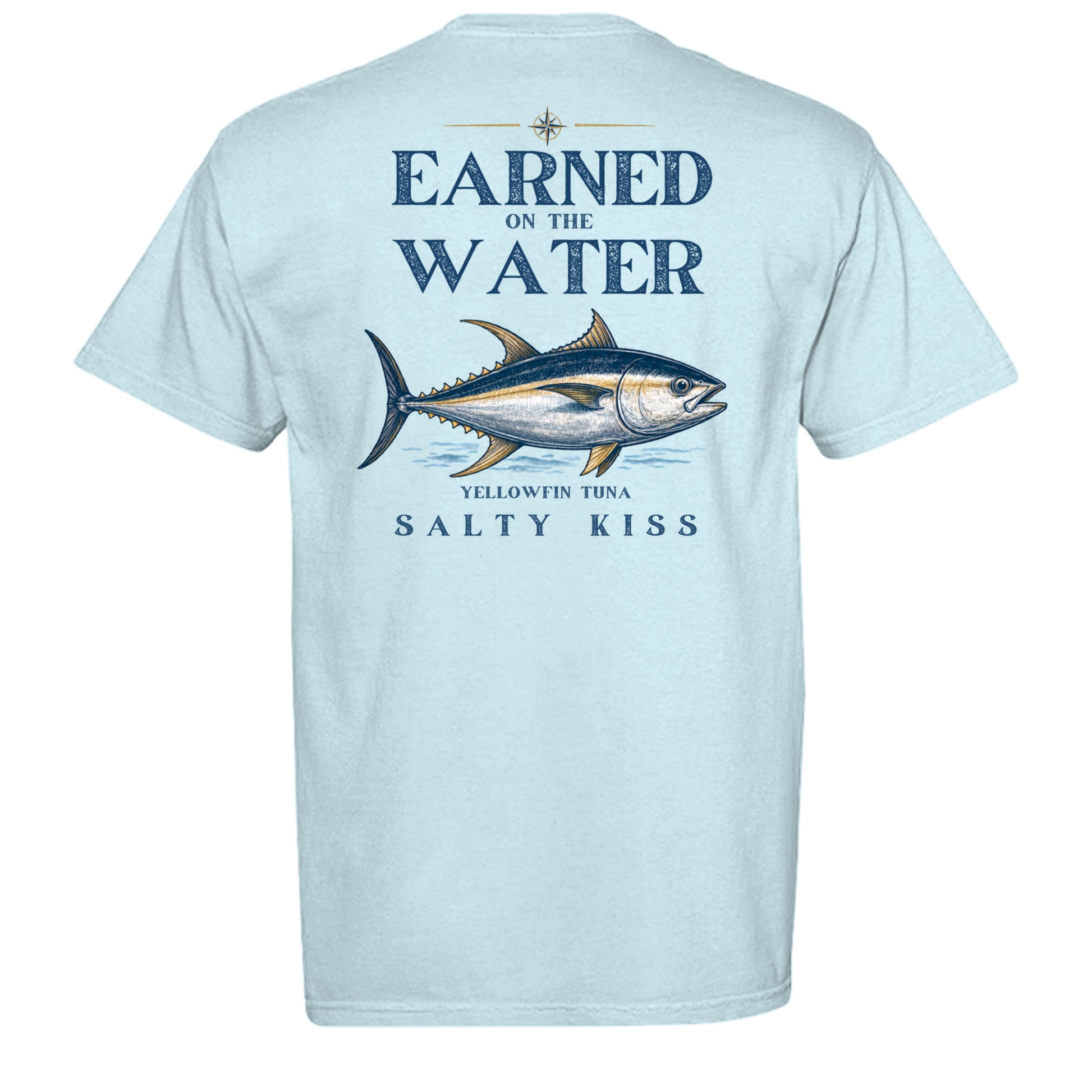 Men’s Fishing Tee – Earned on the Water Yellowfin Tuna by Salty Kiss coastal apparel