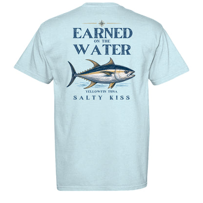 Men’s Fishing Tee – Earned on the Water Yellowfin Tuna by Salty Kiss coastal apparel