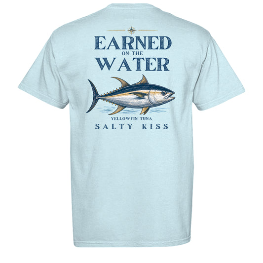 Men’s Fishing Tee – Earned on the Water Yellowfin Tuna by Salty Kiss coastal apparel