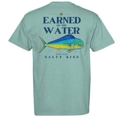 Men’s Fishing Tee – Earned on the Water Mahi-Mahi by Salty Kiss coastal apparel