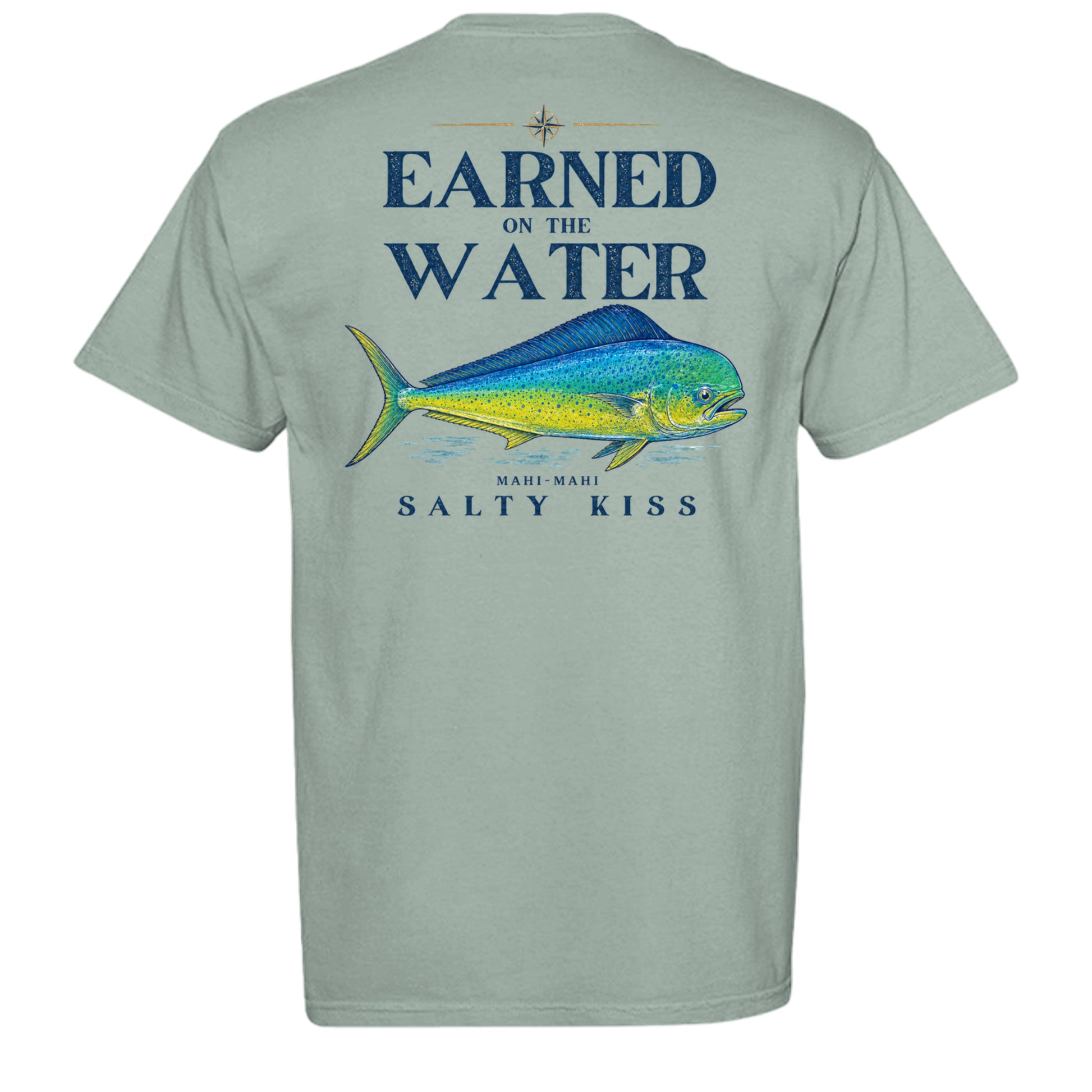 Men’s Fishing Tee – Earned on the Water Mahi-Mahi by Salty Kiss coastal apparel