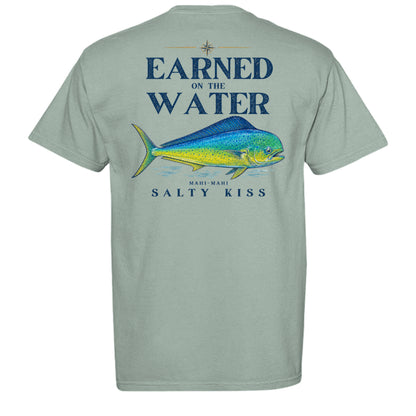 Men’s Fishing Tee – Earned on the Water Mahi-Mahi by Salty Kiss coastal apparel