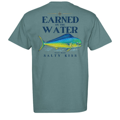Men’s Fishing Tee – Earned on the Water Mahi-Mahi by Salty Kiss coastal apparel