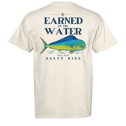 Men’s Fishing Tee – Earned on the Water Mahi-Mahi by Salty Kiss coastal apparel