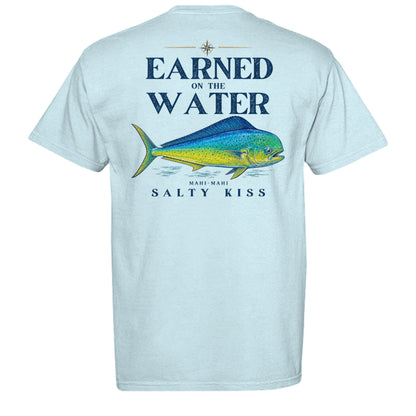 Men’s Fishing Tee – Earned on the Water Mahi-Mahi by Salty Kiss coastal apparel