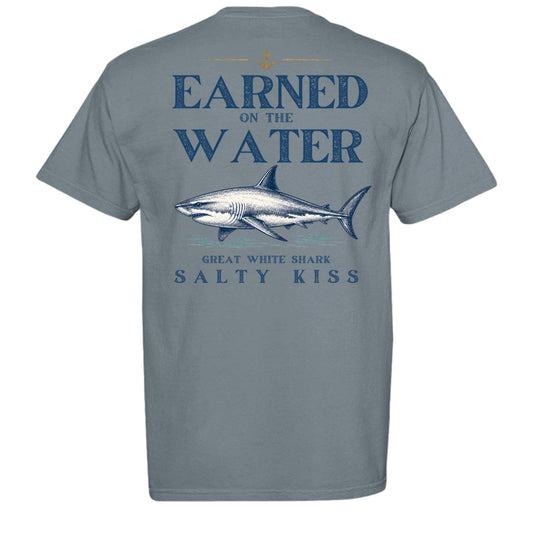 Men’s Fishing Tee – Earned on the Water Great White Shark by Salty Kiss coastal apparel