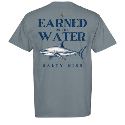 Men’s Fishing Tee – Earned on the Water Great White Shark by Salty Kiss coastal apparel