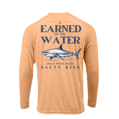 Men's UPF Performance Fishing Shirt - Earned on the Water Great White Shark by Salty Kiss coastal apparel