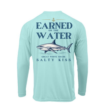 Men's UPF Performance Fishing Shirt - Earned on the Water Great White Shark by Salty Kiss coastal apparel