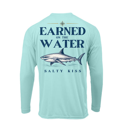 Men's UPF Performance Fishing Shirt - Earned on the Water Great White Shark by Salty Kiss coastal apparel