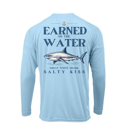 Men's UPF Performance Fishing Shirt - Earned on the Water Great White Shark by Salty Kiss coastal apparel