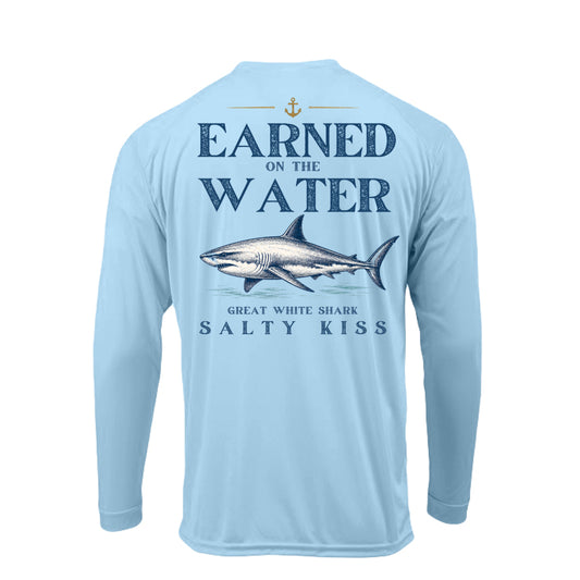 Men's UPF Performance Fishing Shirt - Earned on the Water Great White Shark by Salty Kiss coastal apparel