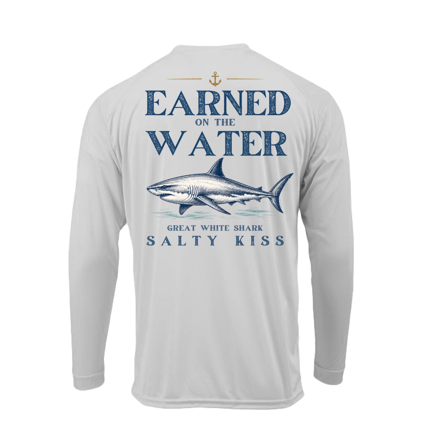 Men's UPF Performance Fishing Shirt - Earned on the Water Great White Shark by Salty Kiss coastal apparel