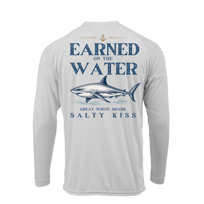 Men's UPF Performance Fishing Shirt - Earned on the Water Great White Shark by Salty Kiss coastal apparel