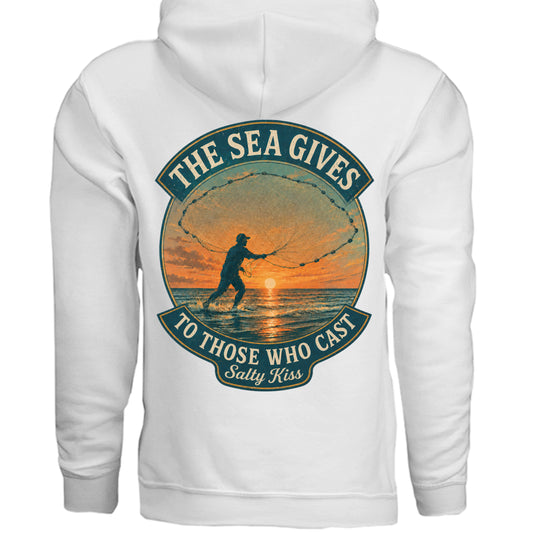 Men's Fishing Hoodie - The Sea Gives to Those Who Cast by Salty Kiss coastal apparel