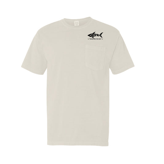 Men's Fishing Pocket Tee - Chasing What Pulls Back - Shark black logo by Salty Kiss coastal apparel