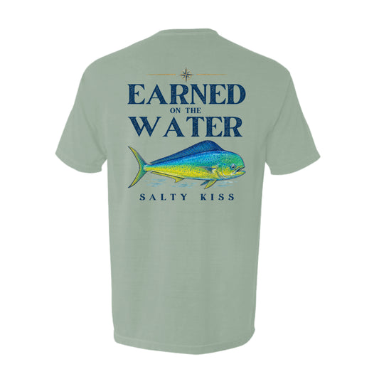 Men's Fishing Pocket Tee - Earned on the Water Mahi-Mahi by Salty Kiss coastal apparel