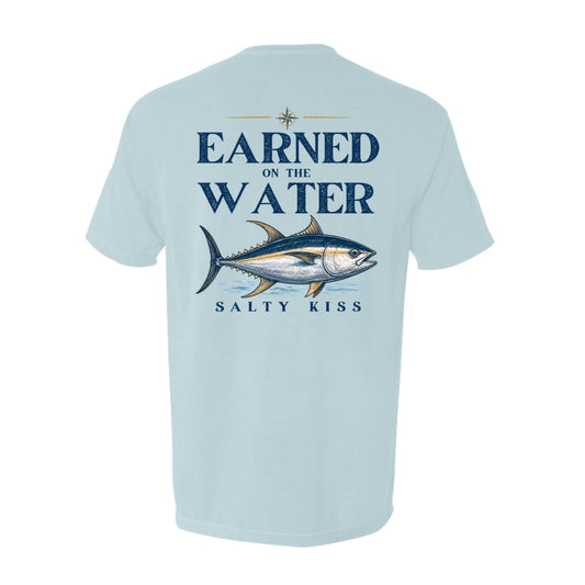 Men's Fishing Pocket Tee - Earned on the Water Yellowfin Tuna by Salty Kiss coastal apparel