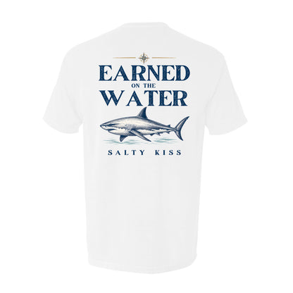 Men's Fishing Pocket Tee - Earned on the Water Great White Shark by Salty Kiss coastal apparel